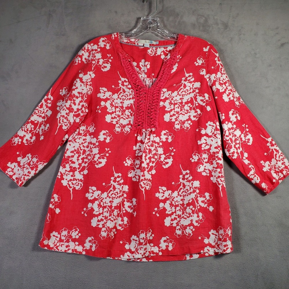 Boden Tunic Top Womens 8 Red White Floral Linen 3/4 Sleeve‎ Boho Resort Coastal